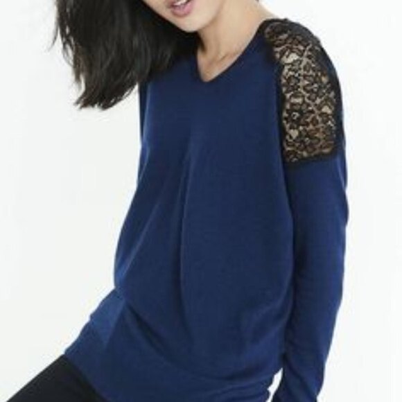 NEW Express Wool V Neck Long Sleeve Pullover Sweater Black Lace Shoulder Large - Picture 3 of 15